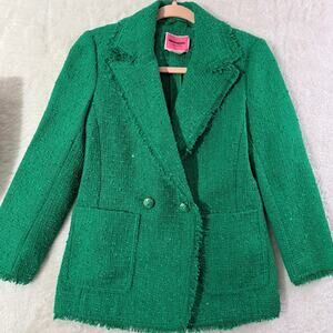 Kate Spade New York Emerald Green Tweed Double Breasted Blazer S 00 Raw Hem
